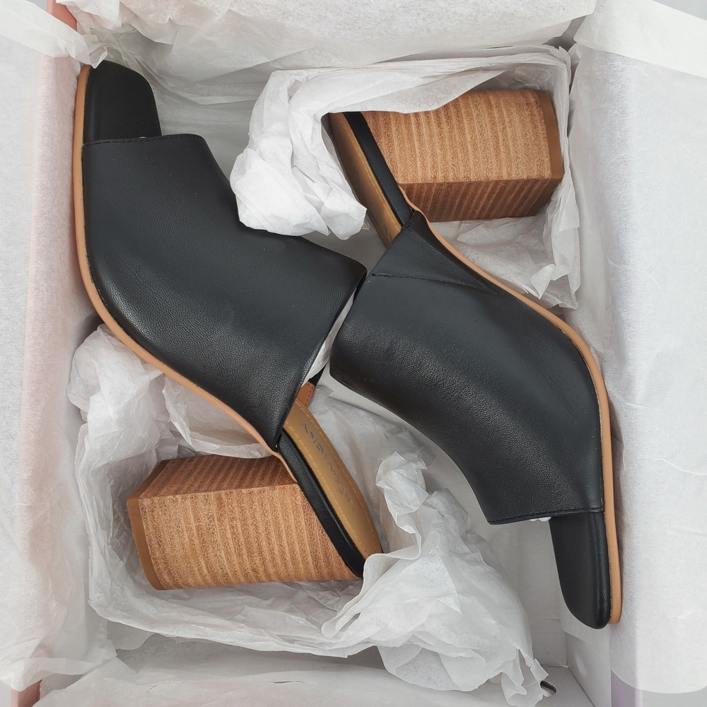 Lisa Vicky Virtue V Black Leather Block Heel Mules Square Toe Sandals Womens 7 M - Picture 7 of 8